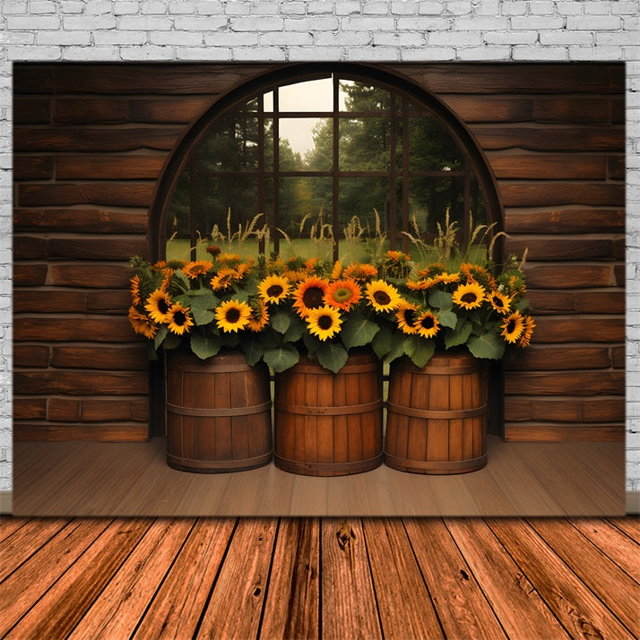 Autumn Barrel Sunflower Display Backdrop RR7-342