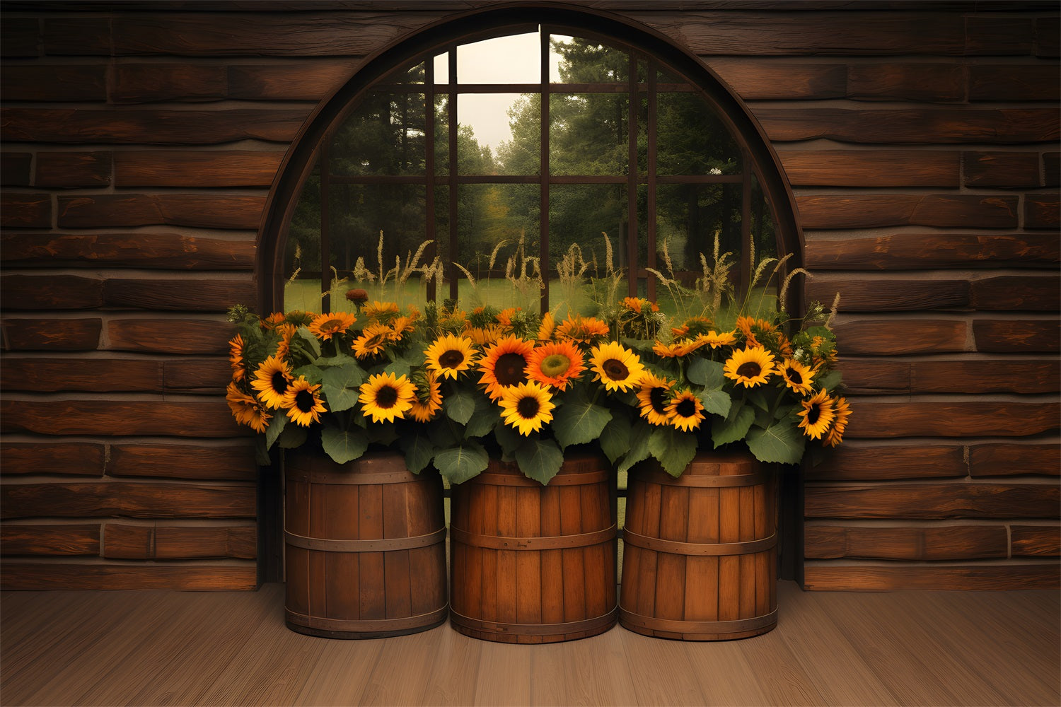 Autumn Barrel Sunflower Display Backdrop RR7-342