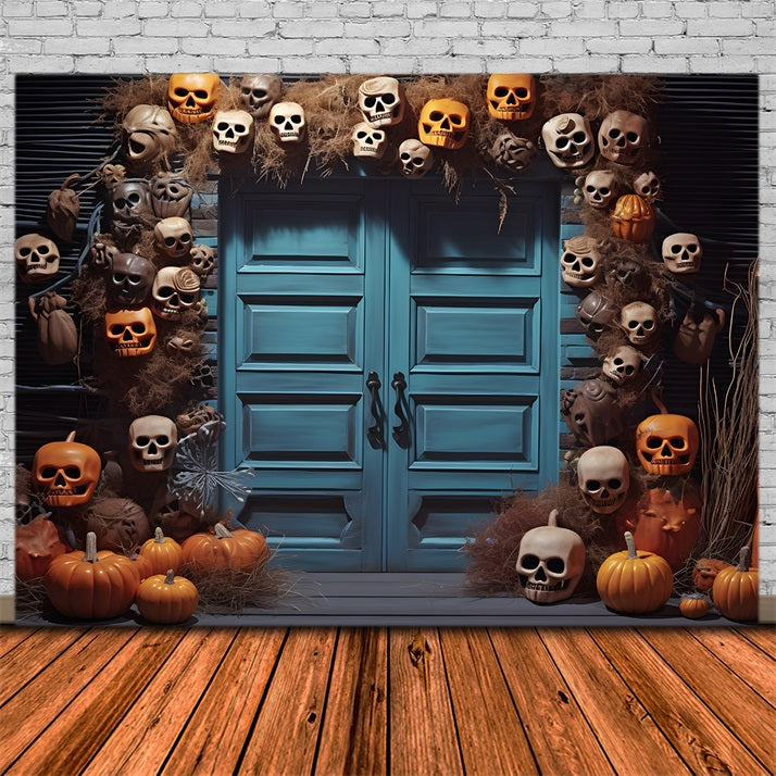 Halloween Skull and Pumpkin Lantern Blue Door Backdrop RR7-343