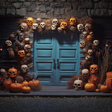 Halloween Skull and Pumpkin Lantern Blue Door Backdrop RR7-343