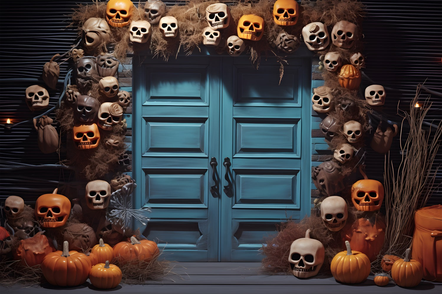 Halloween Skull and Pumpkin Lantern Blue Door Backdrop RR7-343