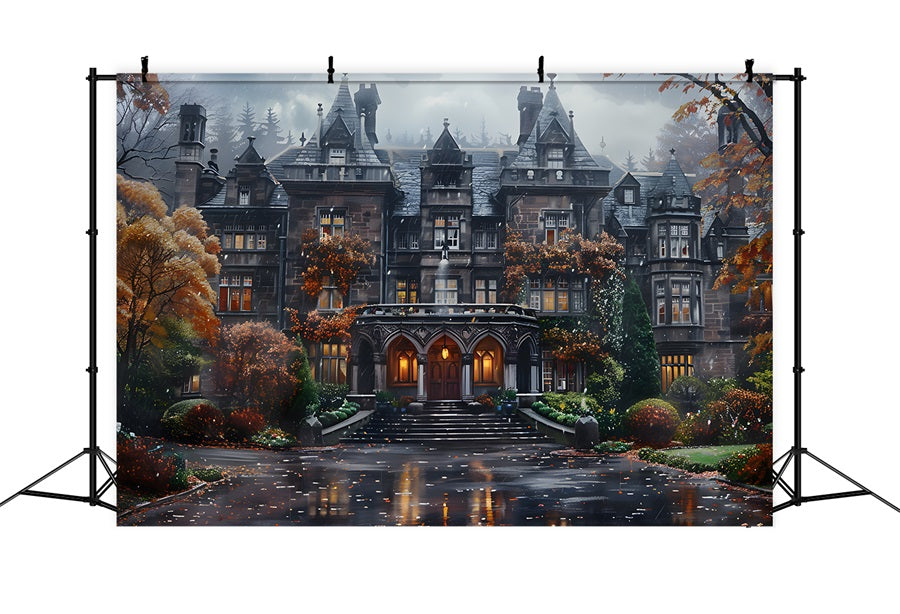 Halloween Gothic Mansion with Autumn Foliage Backdrop RR7-344