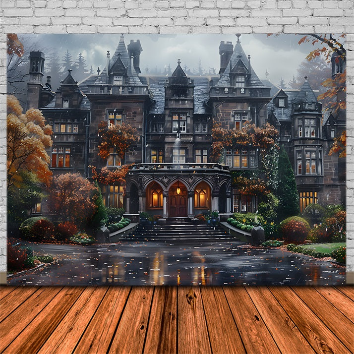 Halloween Gothic Mansion with Autumn Foliage Backdrop RR7-344