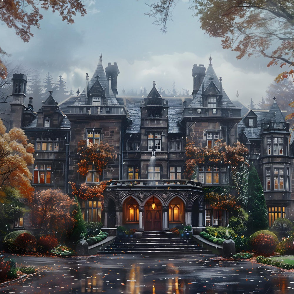 Halloween Gothic Mansion with Autumn Foliage Backdrop RR7-344