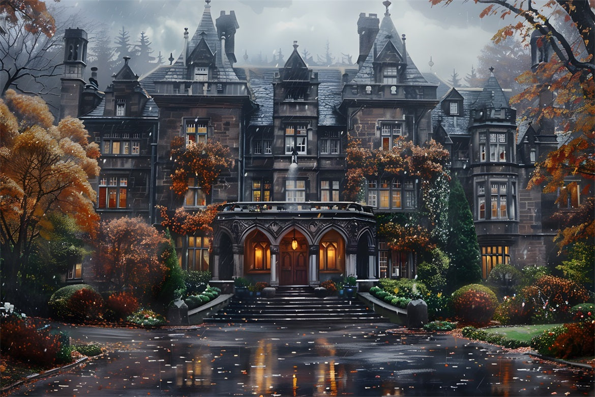 Halloween Gothic Mansion with Autumn Foliage Backdrop RR7-344