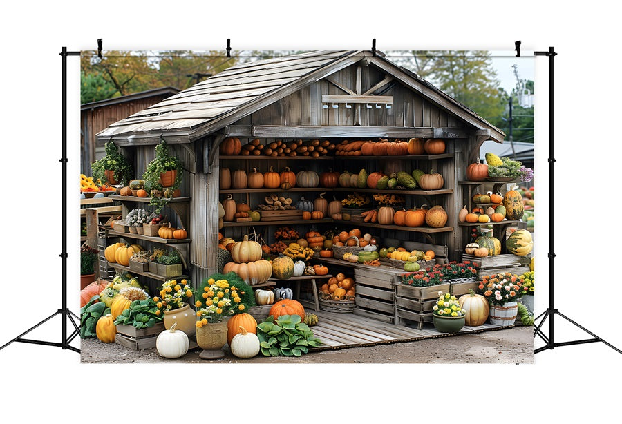 Rustic Autumn Harvest Shed Pumpkins Backdrop RR7-345