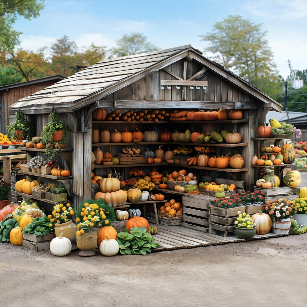 Rustic Autumn Harvest Shed Pumpkins Backdrop RR7-345