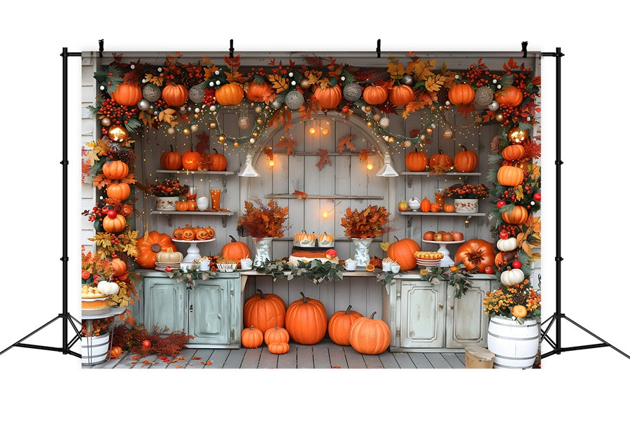 Rustic Fall Market Pumpkins Fairy Lights Backdrop RR7-346