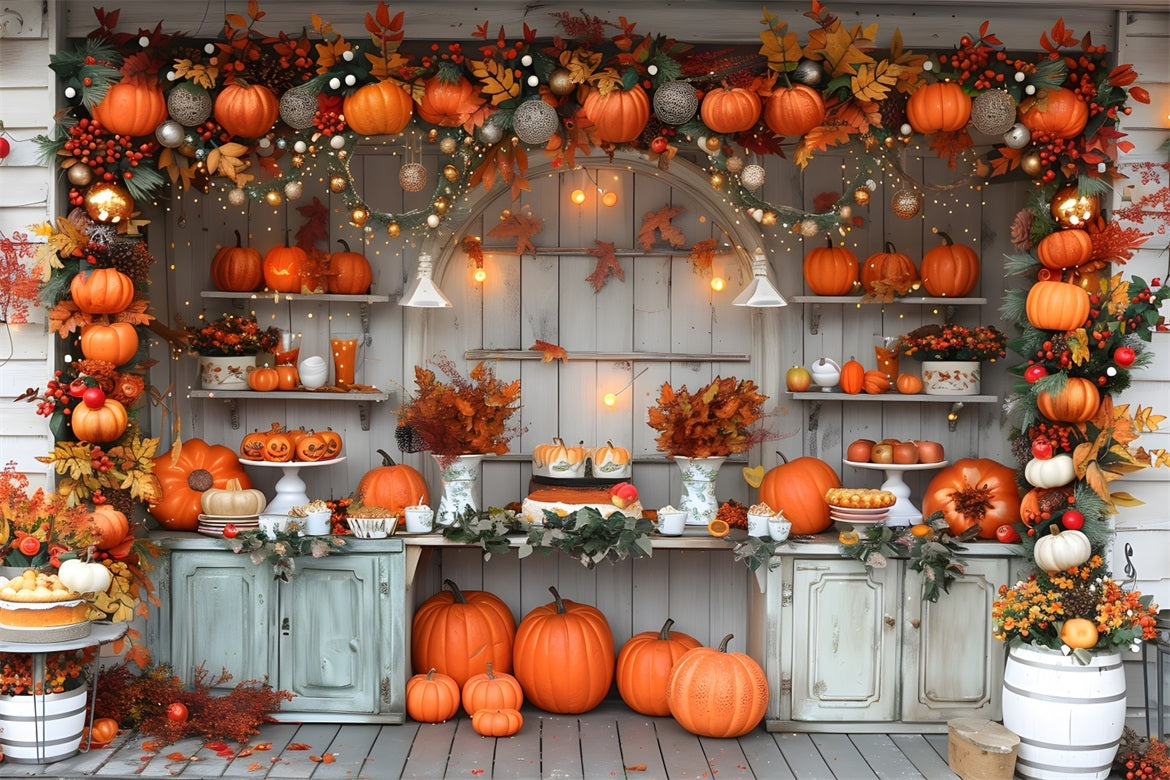 Rustic Fall Market Pumpkins Fairy Lights Backdrop RR7-346