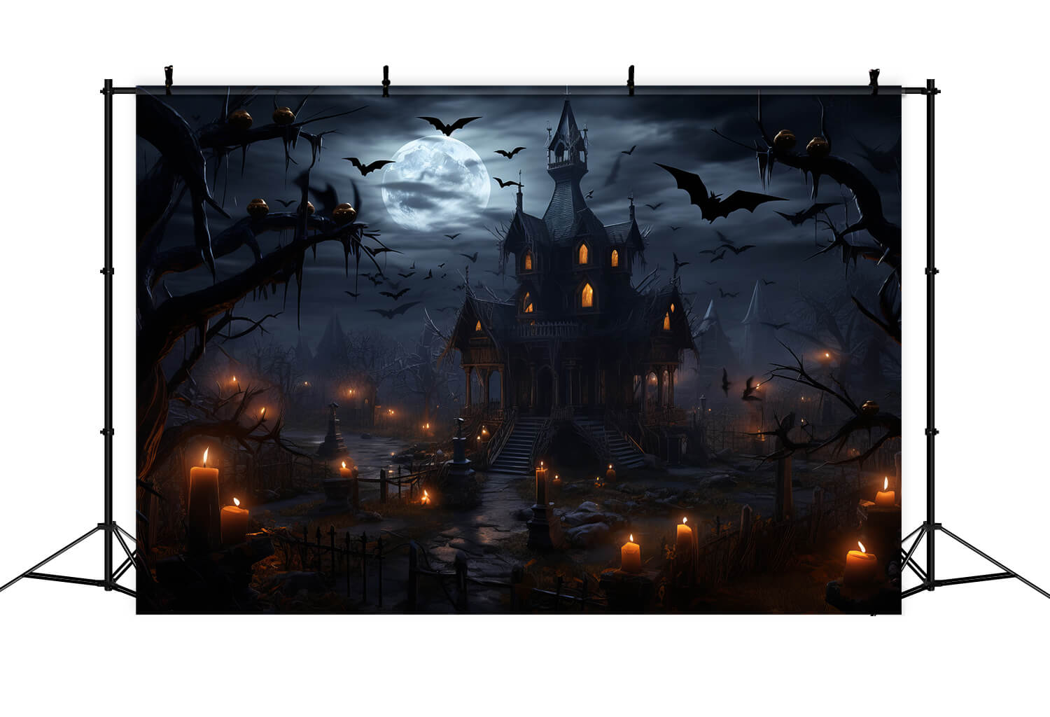 Halloween Spooky Castle Bats Candles Backdrop RR7-35