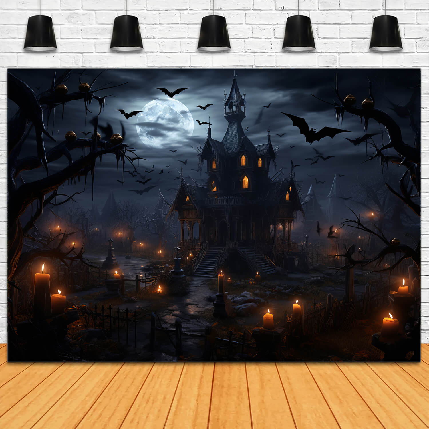 Halloween Spooky Castle Bats Candles Backdrop RR7-35