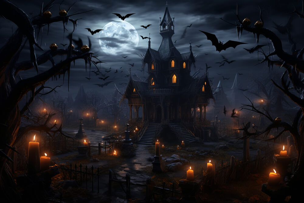 Halloween Spooky Castle Bats Candles Backdrop RR7-35