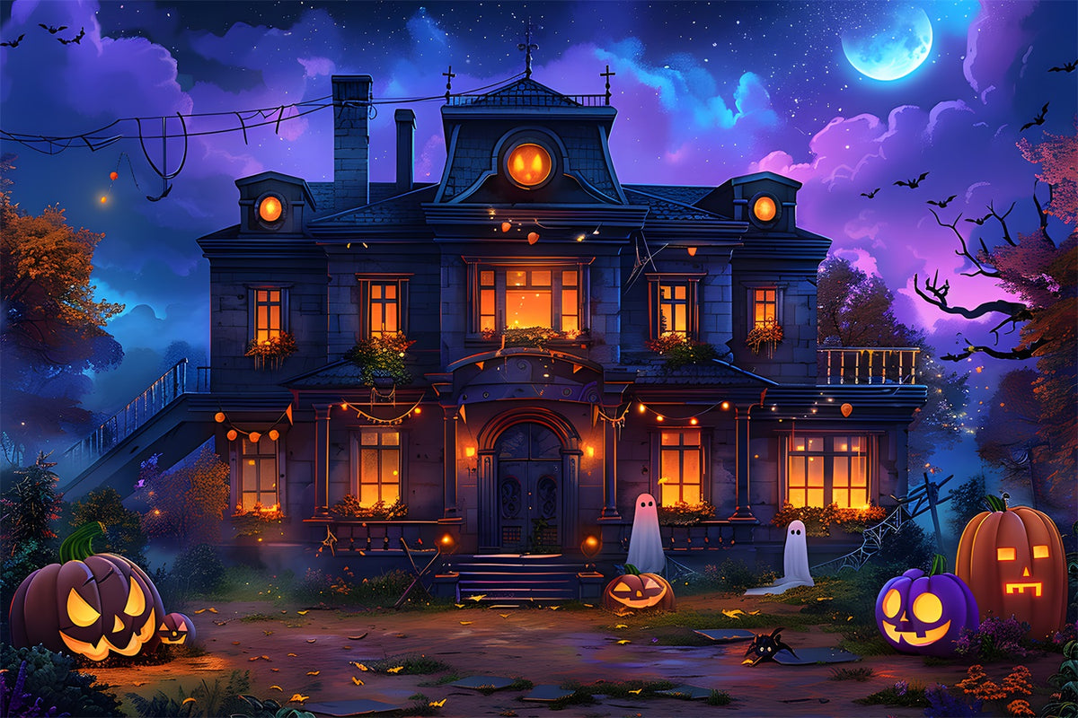 Halloween Enchanted House Pumpkin Ghosts Backdrop RR7-351