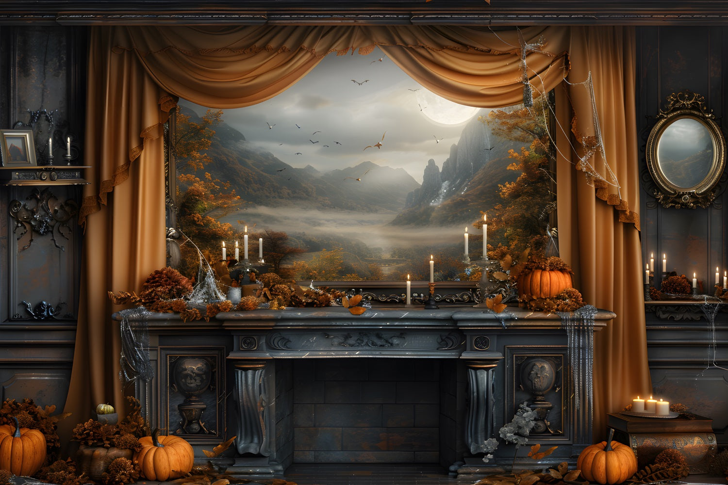 Mystical Autumn Fireplace Scenic View Backdrop RR7-352