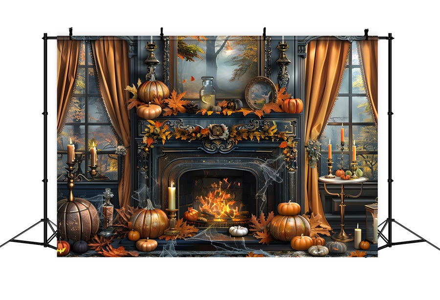 Enchanted Fall Fireplace Pumpkin Decor Backdrop RR7-353