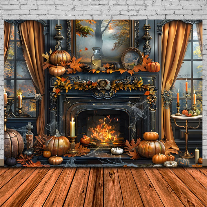 Enchanted Fall Fireplace Pumpkin Decor Backdrop RR7-353