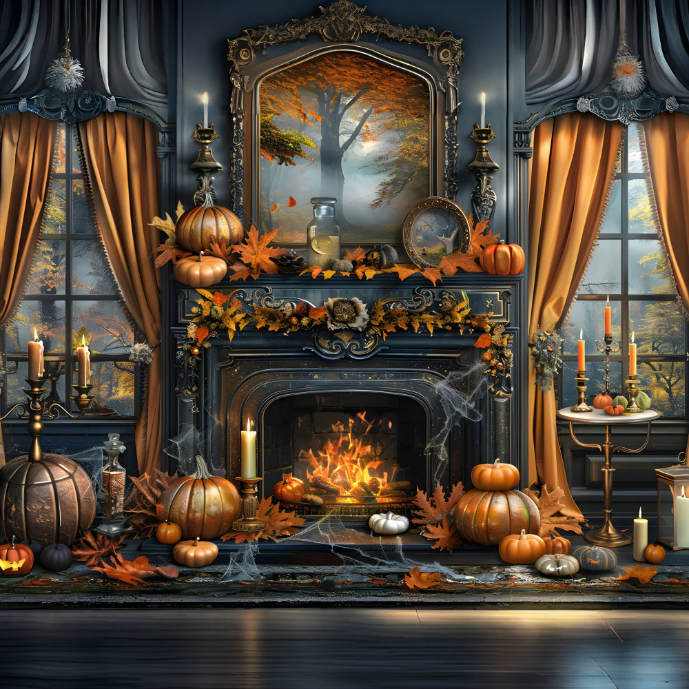 Enchanted Fall Fireplace Pumpkin Decor Backdrop RR7-353