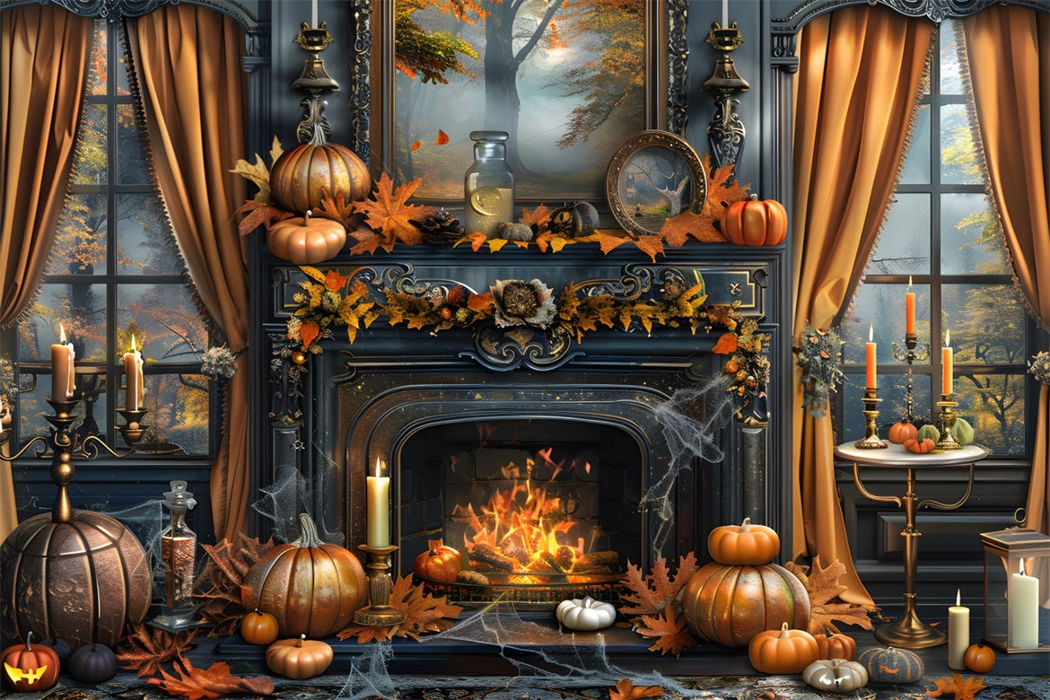 Enchanted Fall Fireplace Pumpkin Decor Backdrop RR7-353