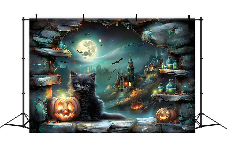 Halloween Village Black Cat Pumpkins Backdrop RR7-359