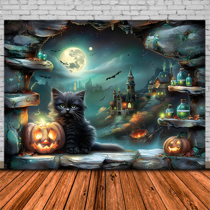 Halloween Village Black Cat Pumpkins Backdrop RR7-359