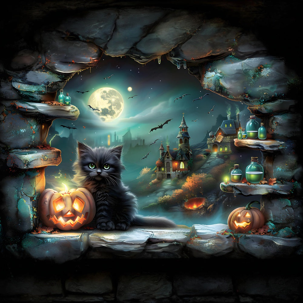 Halloween Village Black Cat Pumpkins Backdrop RR7-359