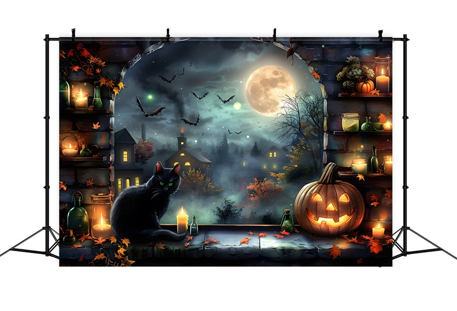 Halloween Moonlit Village Black Cat Lanterns Backdrop RR7-360