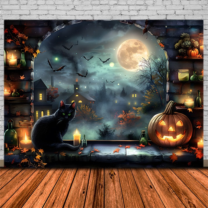 Halloween Moonlit Village Black Cat Lanterns Backdrop RR7-360