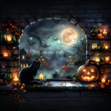 Halloween Moonlit Village Black Cat Lanterns Backdrop RR7-360