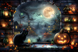 Halloween Moonlit Village Black Cat Lanterns Backdrop RR7-360