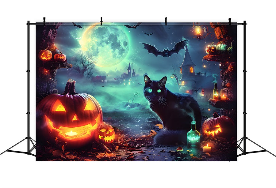 Halloween Moonlit Village Glowing Cat Backdrop RR7-361