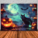 Halloween Moonlit Village Glowing Cat Backdrop RR7-361