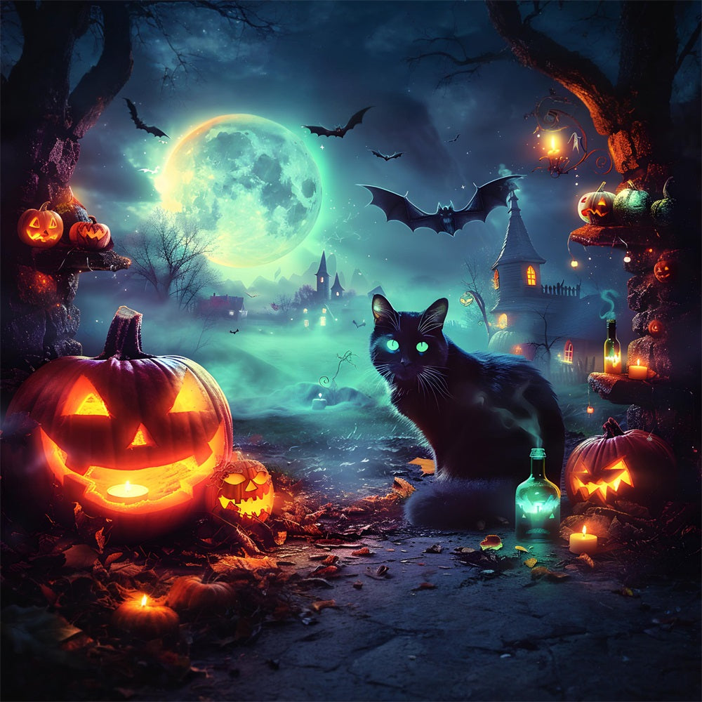 Halloween Moonlit Village Glowing Cat Backdrop RR7-361