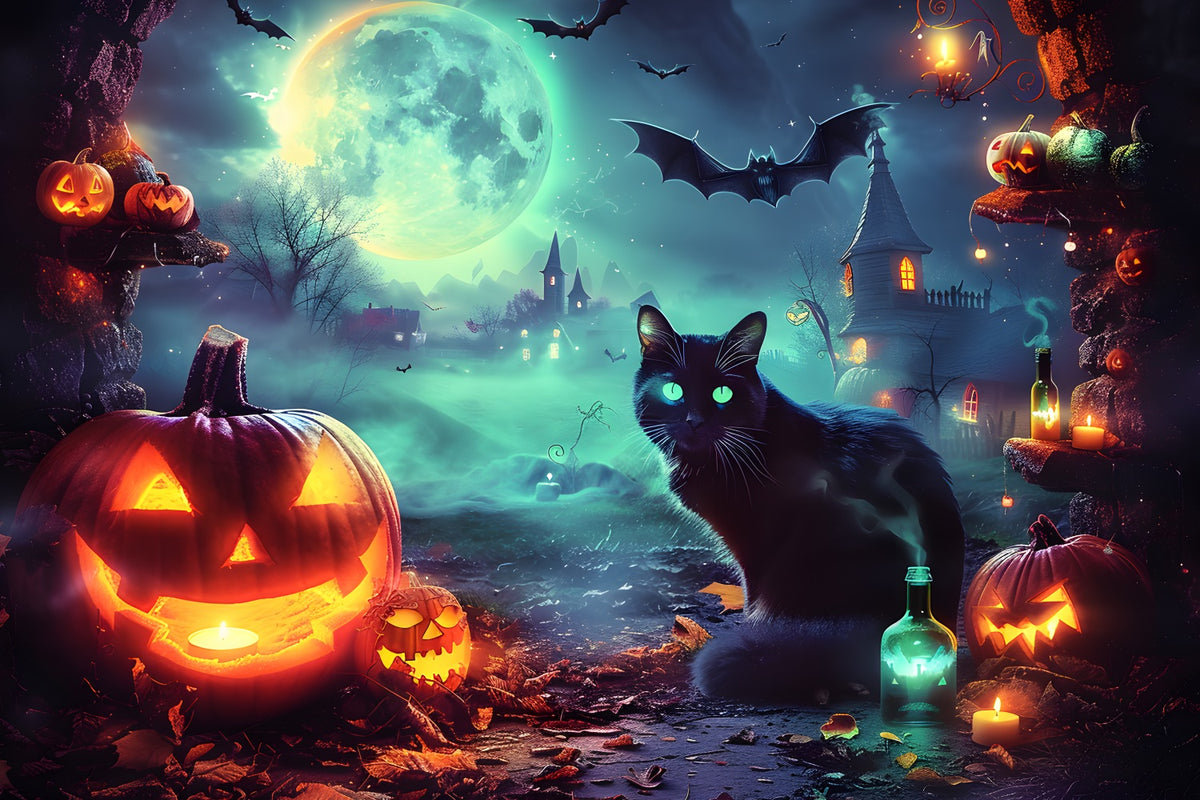 Halloween Moonlit Village Glowing Cat Backdrop RR7-361