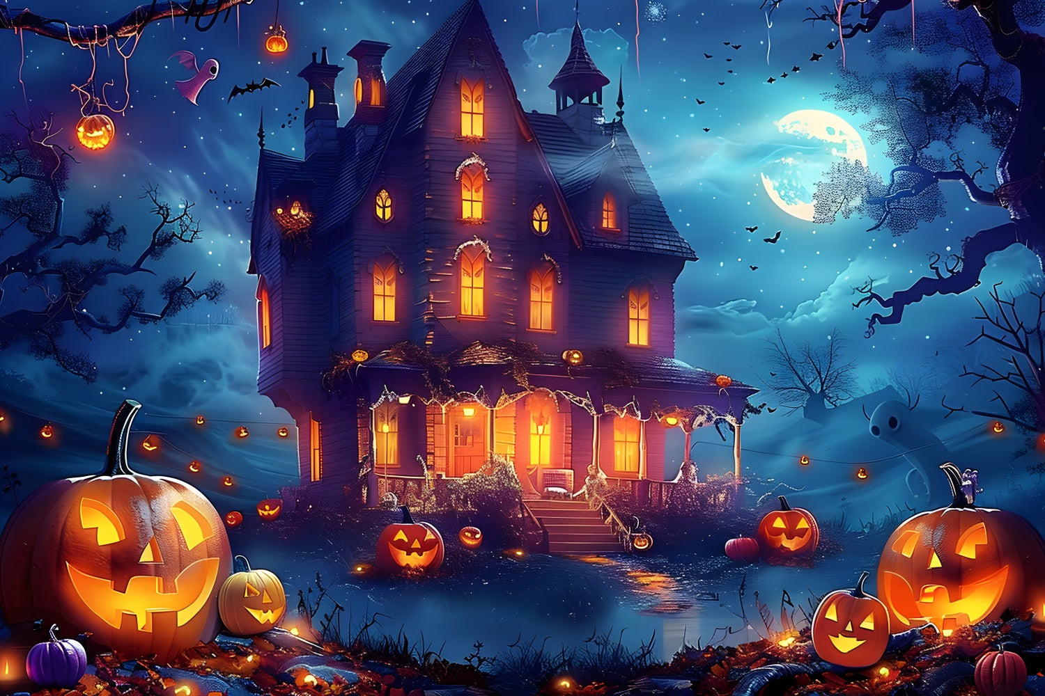 Halloween Haunted House Moonlit Night Backdrop RR7-362