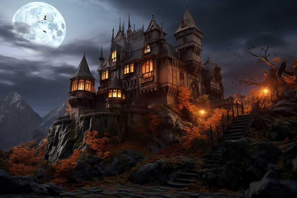 Halloween Full Moon Castle Photography Backdrop RR7-36