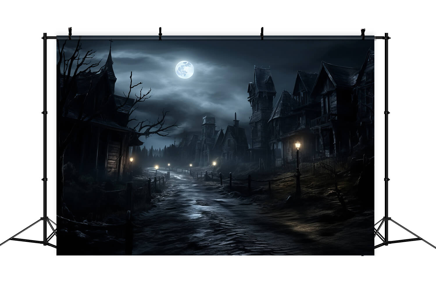 Spooky Halloween Moonlit Night Lamps Backdrop RR7-37