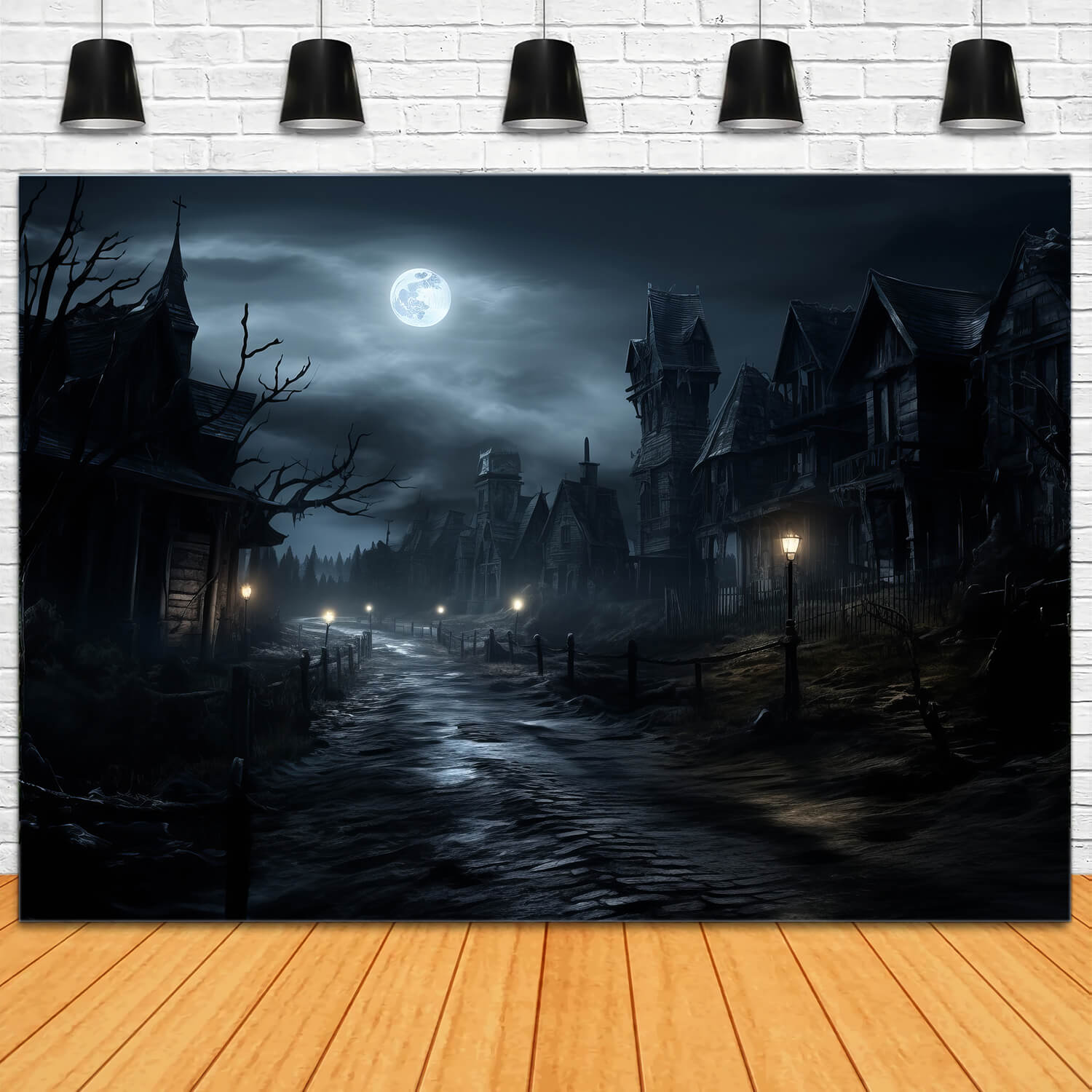 Spooky Halloween Moonlit Night Lamps Backdrop RR7-37