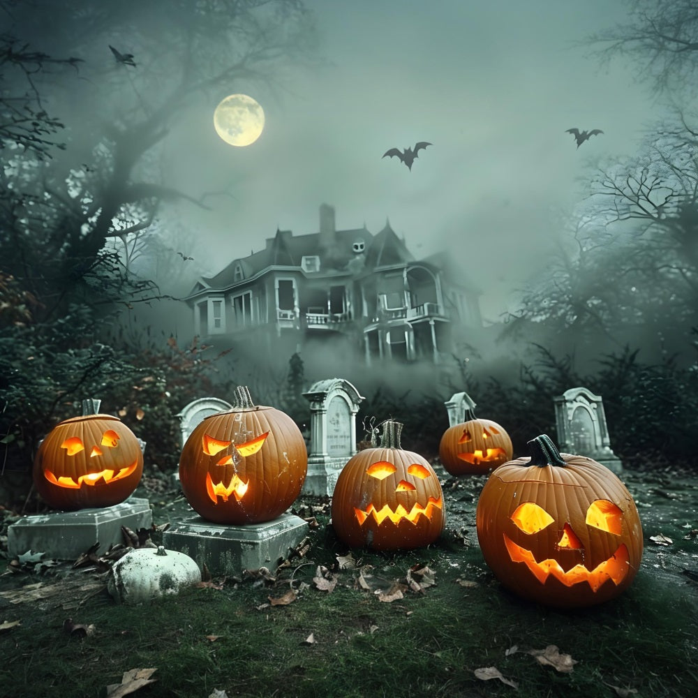 Halloween Haunted House Pumpkin Graveyard Backdrop RR7-371