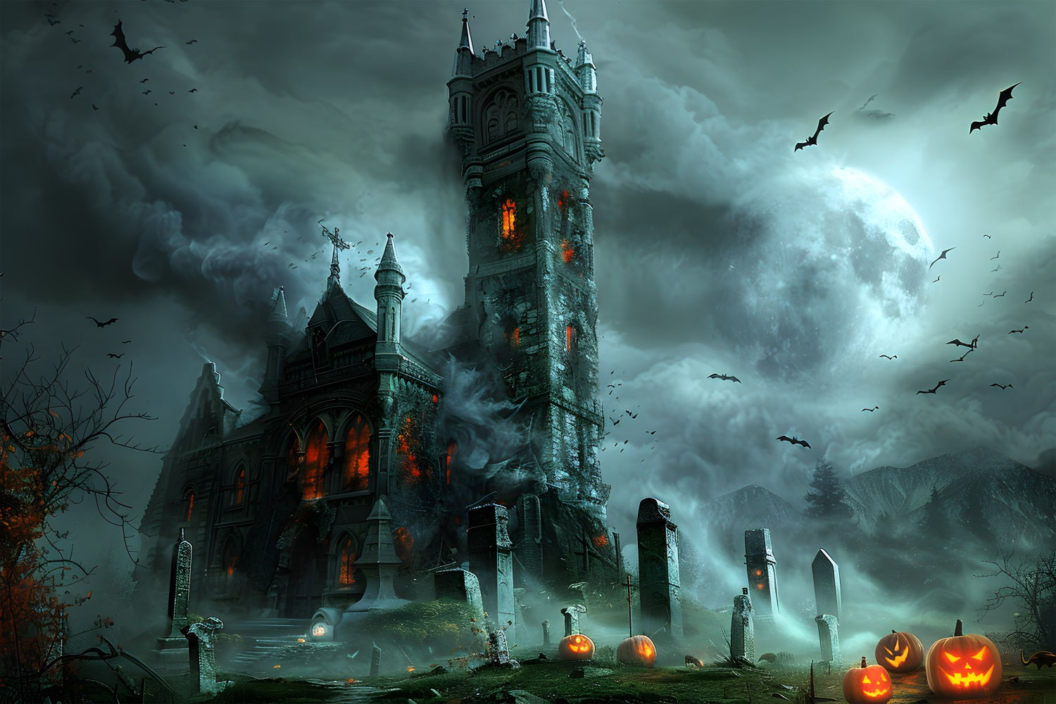 Halloween Gothic Castle with Pumpkin Graveyard Backdrop RR7-372