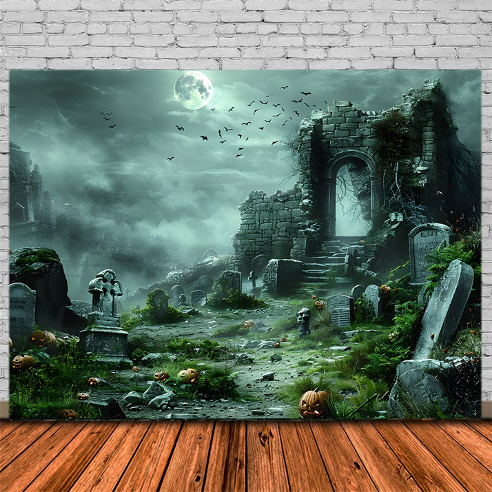 Halloween Haunted Ruins Pumpkin Graveyard Backdrop RR7-373