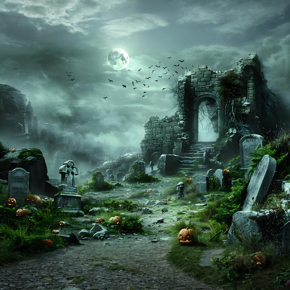 Halloween Haunted Ruins Pumpkin Graveyard Backdrop RR7-373