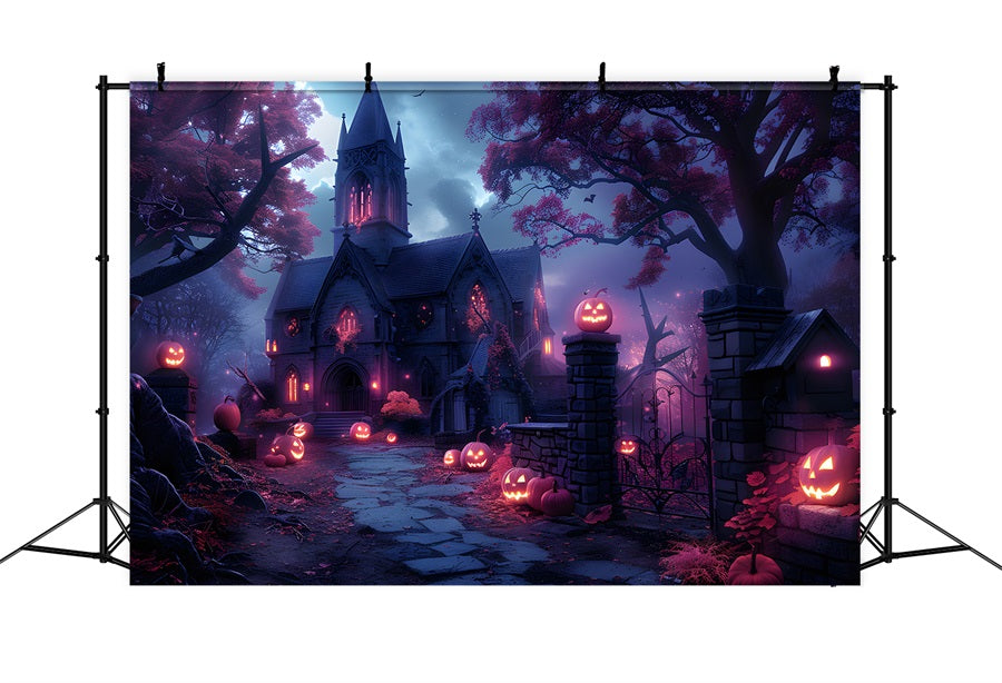 Halloween Haunted Church Jack-o'-Lantern Path Backdrop RR7-375