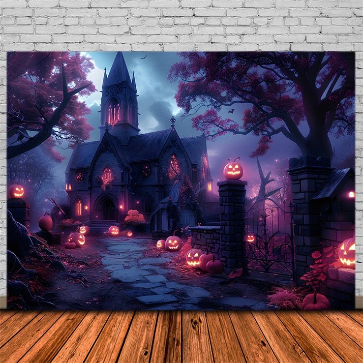 Halloween Haunted Church Jack-o'-Lantern Path Backdrop RR7-375