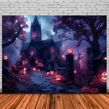 Halloween Haunted Church Jack-o'-Lantern Path Backdrop RR7-375