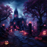 Halloween Haunted Church Jack-o'-Lantern Path Backdrop RR7-375