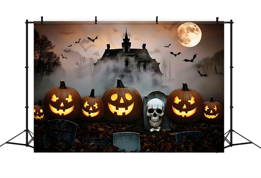 Halloween Graveyard Mansion Jack-o'-Lanterns Backdrop RR7-378