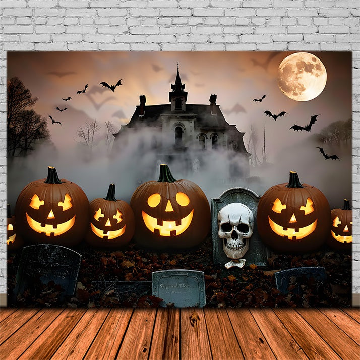 Halloween Graveyard Mansion Jack-o'-Lanterns Backdrop RR7-378