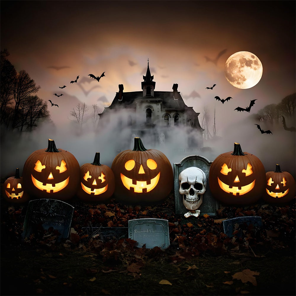 Halloween Graveyard Mansion Jack-o'-Lanterns Backdrop RR7-378