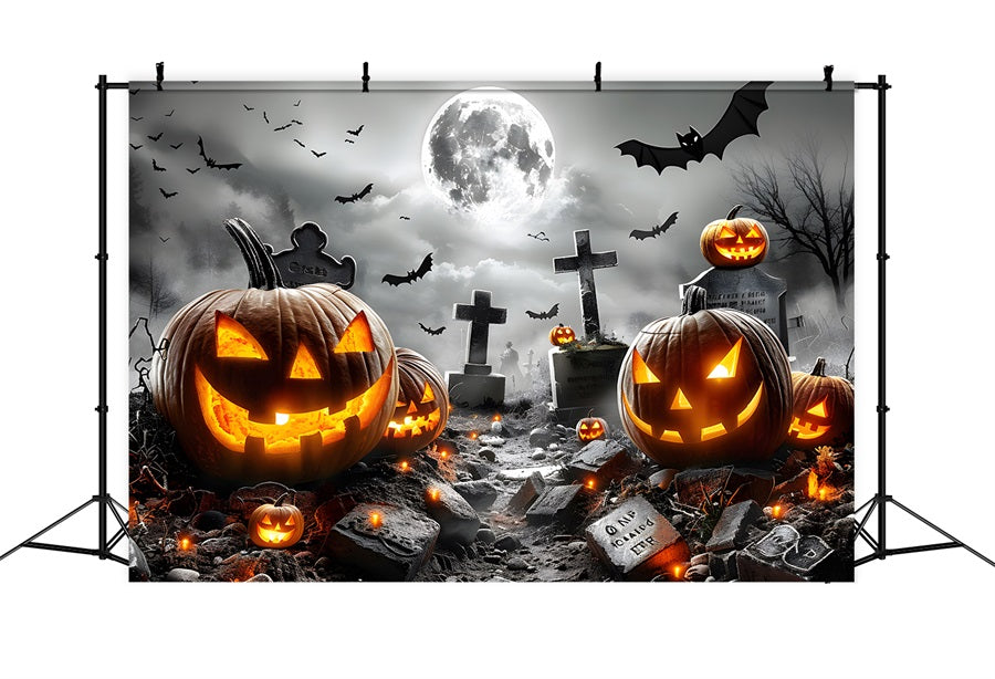 Halloween Graveyard Glowing Jack-o'-Lanterns Bats Backdrop RR7-379