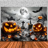 Halloween Graveyard Glowing Jack-o'-Lanterns Bats Backdrop RR7-379